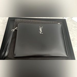 Authentic YSL logo plaque zipped clutch bag